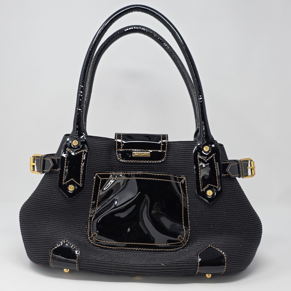 Eric Javits Squishee Black Woven Patent Leather Satchel Handbag Gold Hardware